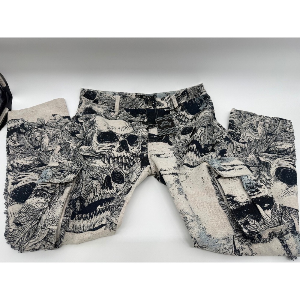 Rebel Vengeance Mens Skull Tapestry Cargo Pants Cream Black Woven Size 36x32 NEW